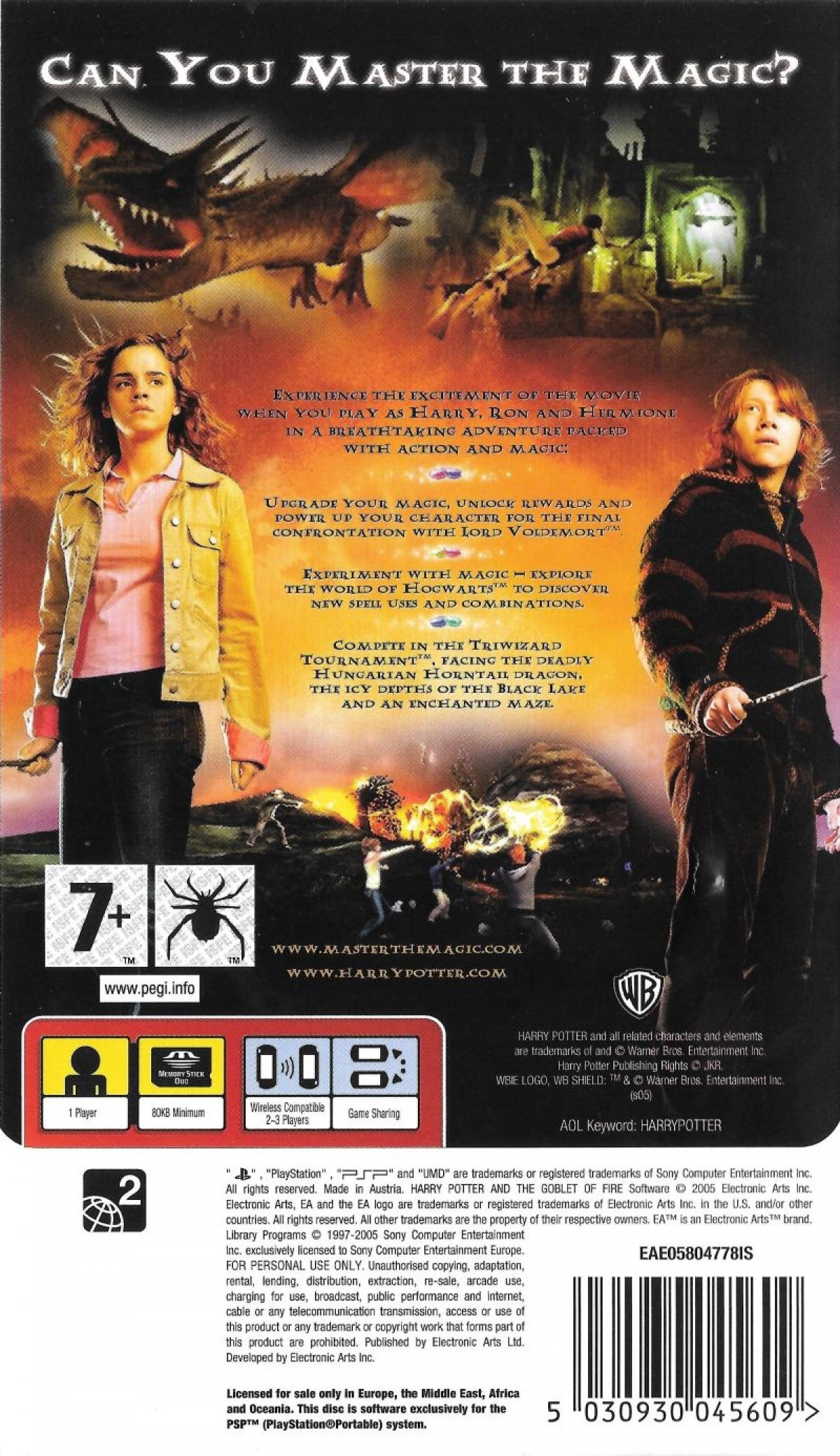 Harry Potter and the Goblet of Fire back of case for PlayStation Portable (PSP) action-adventure video game