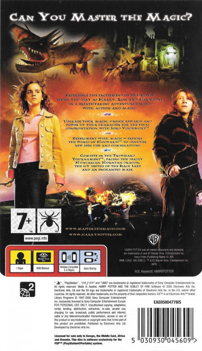 Harry Potter and the Goblet of Fire back of case for PlayStation Portable (PSP) action-adventure video game
