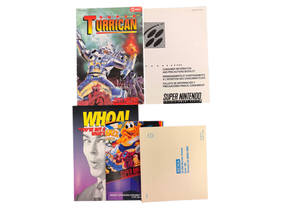 Super Turrican Super Nintendo Entertainment System SNES retro video game action platformer featuring futuristic combat powerful weapons alien enemies challenging levels explosive action classic 16 bit graphics Super Nintendo gaming experience retro game collection appeal front of manuals