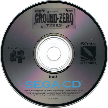 Ground Zero Texas Sega CD FMV light gun action video game featuring live-action Western-themed shootouts fast-paced gunfights enemy outlaws first-person shooting gameplay branching action scenes challenging missions and classic Sega CD gameplay collectible retro gaming appeal disc 2