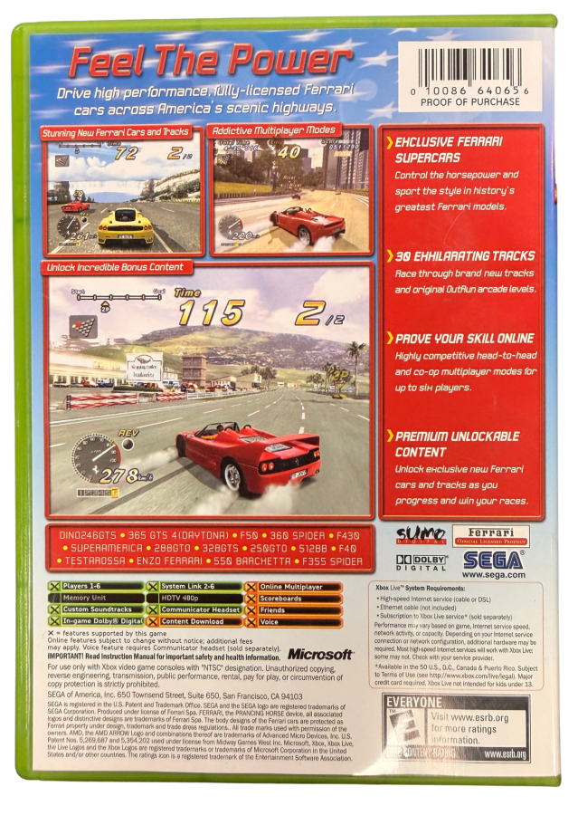 OutRun 2006 Coast 2 Coast Xbox retro video game racing action featuring high speed sports car driving exotic locations arcade racing gameplay drifting challenges time trials multiplayer racing classic OutRun style Xbox gaming experience collectible game collection appeal back cove art