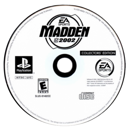 Madden NFL 2002 Collector’s Edition PlayStation 1 PS1 video game, American football sports simulation, classic Madden gameplay, franchise and multiplayer modes disc