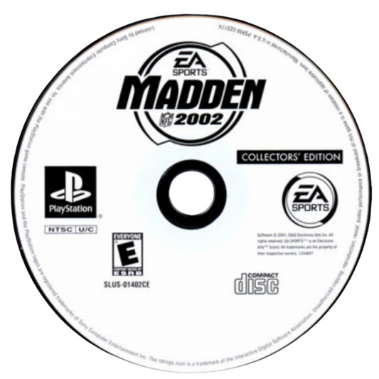 Madden NFL 2002 Collector’s Edition PlayStation 1 PS1 video game, American football sports simulation, classic Madden gameplay, franchise and multiplayer modes disc