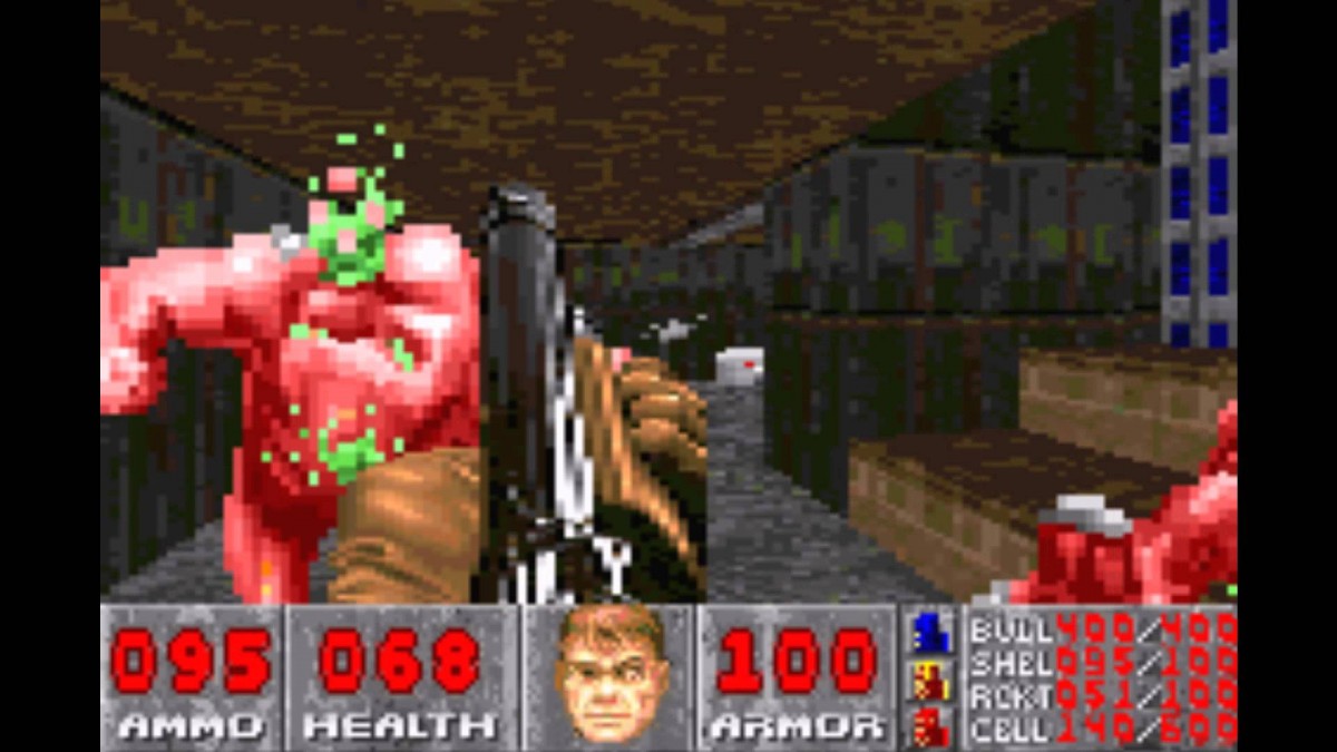Doom for Game Boy Advance, gameplay for a first-person shooter video game with fast-paced combat, demon enemies, sci-fi environments, and classic arcade-style action