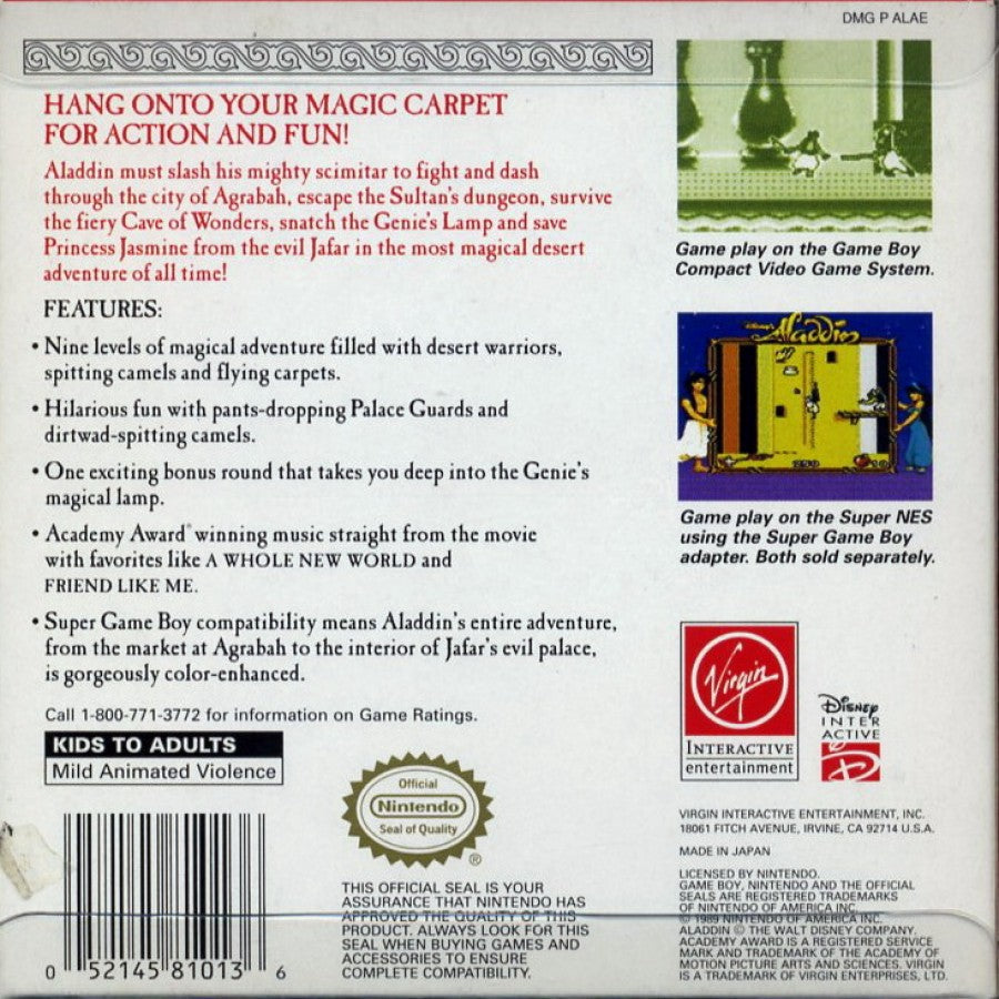 Disney's Aladdin Nintendo Game Boy GB for retro video game enthusiasts featuring side scrolling action platforming gameplay Disney inspired adventure Agrabah themed levels enemy encounters classic handheld gaming movie inspired action and collectible gaming appeal back cover art
