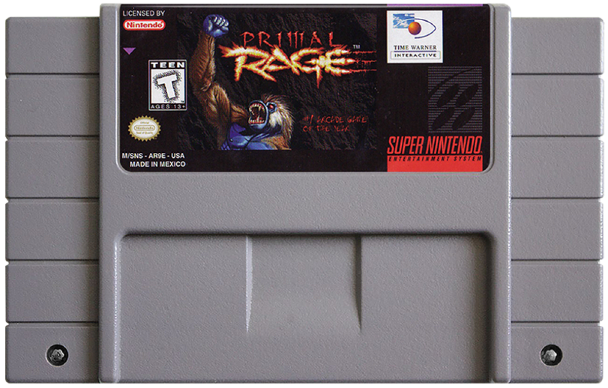 Primal Rage SNES game cartridge for the Super Nintendo system.