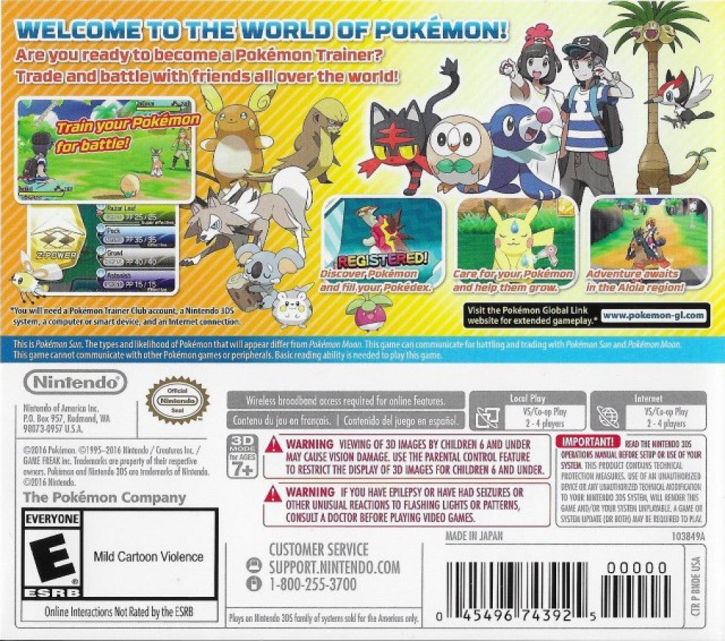 Pokémon Sun back of case for Nintendo 3DS (3DS) role-playing video game