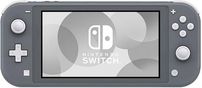 Front view of the gray Nintendo Switch Lite console with matte gray casing, integrated controls, and central display screen.
