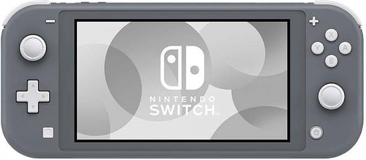 Front view of the gray Nintendo Switch Lite console with matte gray casing, integrated controls, and central display screen.