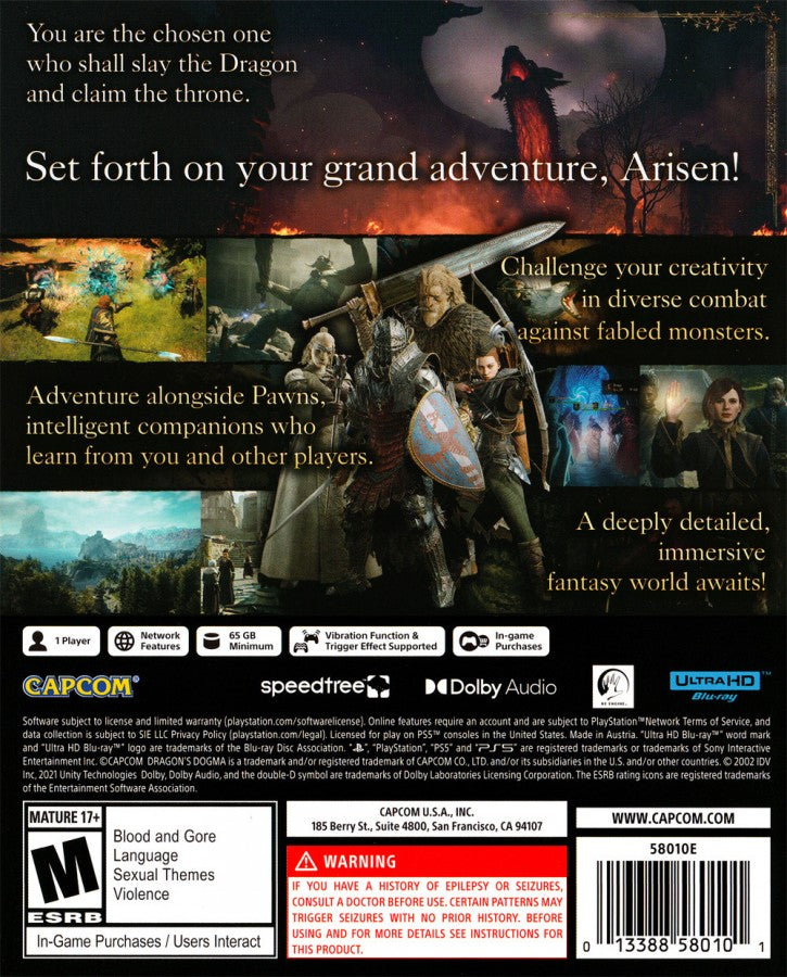 Dragon’s Dogma 2 PS5 game featuring open-world action RPG gameplay, dynamic combat, and an immersive fantasy world adventure on PlayStation 5 back cover art