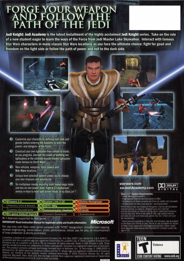 Star Wars Jedi Knight Jedi Academy for Xbox (Xbox), back of case action adventure video game.