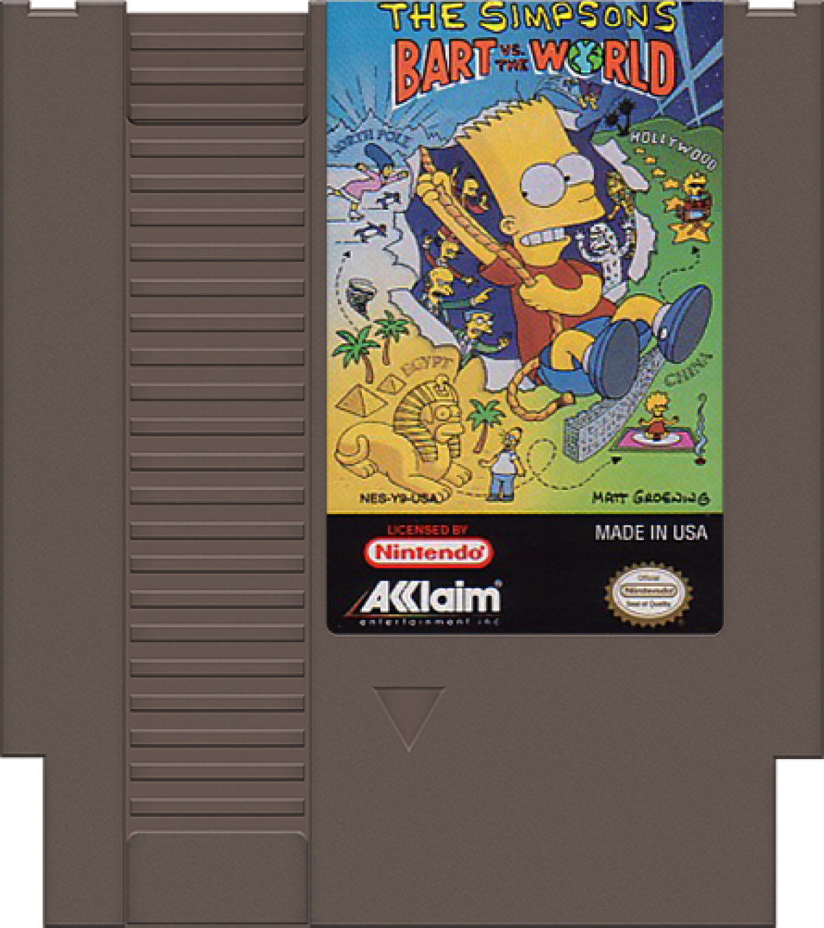 The Simpsons: Bart vs. the World cartridge for the Nintendo Entertainment System featuring Bart Simpson traveling the globe in a colorful 8 bit side scrolling adventure based on the classic animated series cartridge