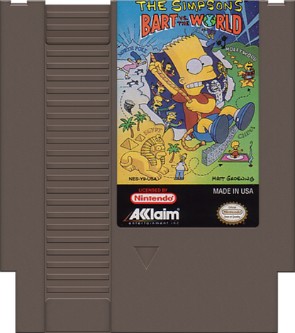 The Simpsons: Bart vs. the World cartridge for the Nintendo Entertainment System featuring Bart Simpson traveling the globe in a colorful 8 bit side scrolling adventure based on the classic animated series cartridge