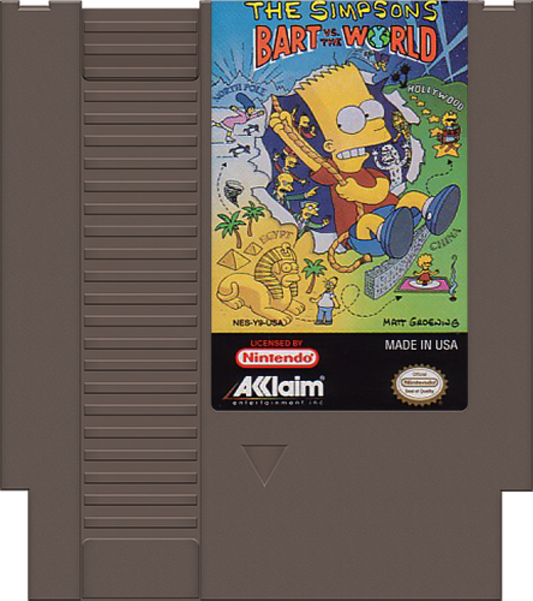 The Simpsons: Bart vs. the World cartridge for the Nintendo Entertainment System featuring Bart Simpson traveling the globe in a colorful 8 bit side scrolling adventure based on the classic animated series cartridge
