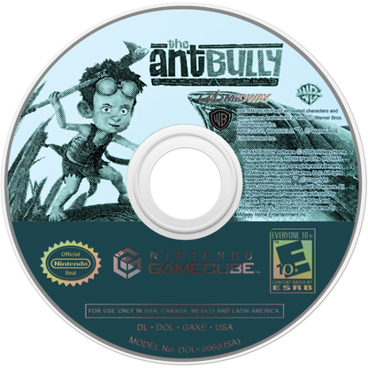 Disc art for The Ant Bully GameCube game featuring family-friendly action adventure gameplay based on the animated film