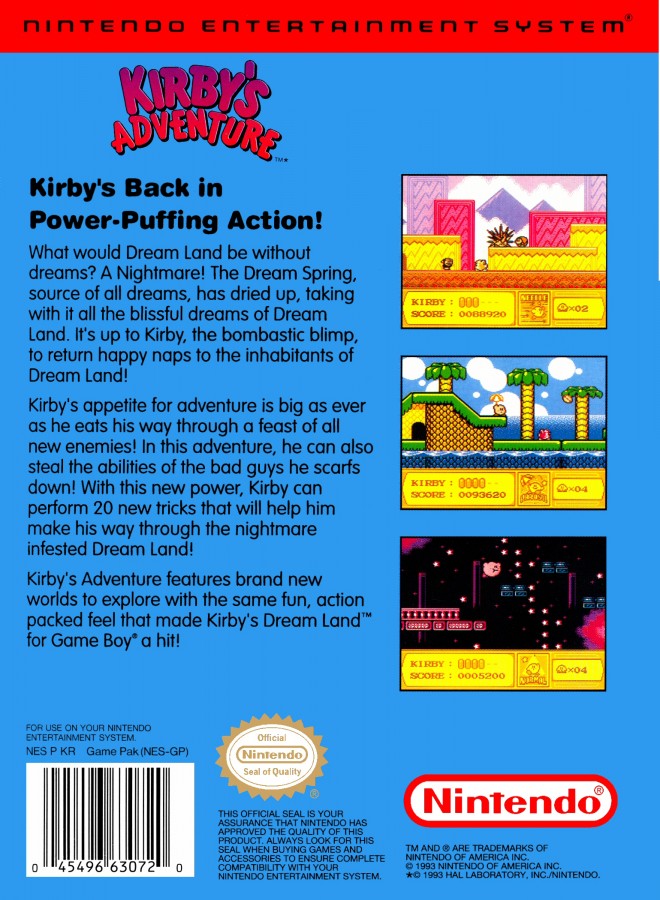 Kirby's Adventure cartridge for the Nintendo Entertainment System featuring Kirby in a colorful 8 bit side scrolling platformer with copy abilities and dream world exploration back cover art