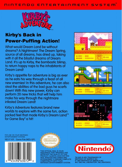Kirby's Adventure cartridge for the Nintendo Entertainment System featuring Kirby in a colorful 8 bit side scrolling platformer with copy abilities and dream world exploration back cover art