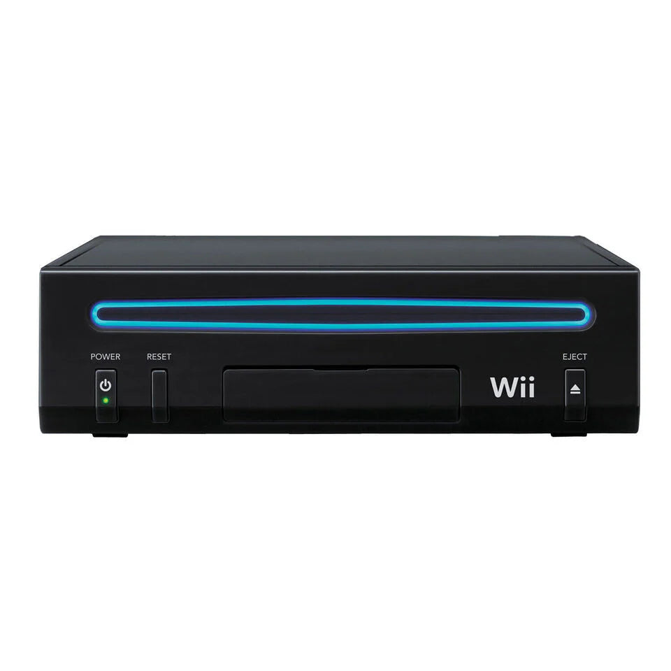 Front view of a black Wii Family Edition console, the non-backward-compatible model, showing the horizontal disc slot, power, reset, and eject buttons.
