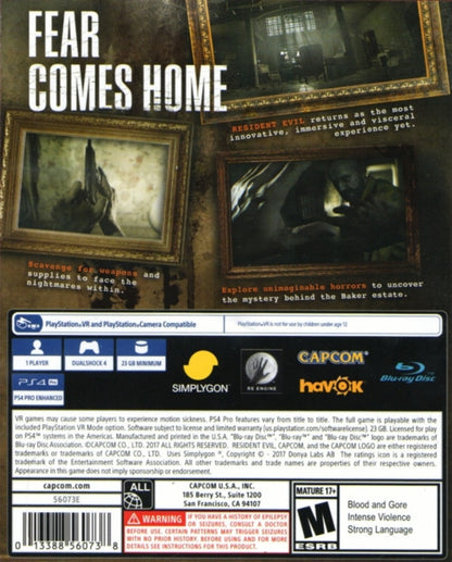 Resident Evil 7 Biohazard PlayStation Hits edition for the PlayStation 4 featuring first person survival horror gameplay with atmospheric exploration puzzle solving intense combat and a story driven experience set in the Baker family estate  back cover art