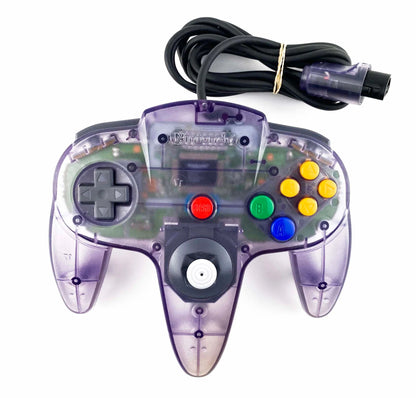 Atomic purple N64 controller translucent Nintendo 64 wireless gaming controller featuring ergonomic design responsive buttons analog stick and classic retro gameplay experience