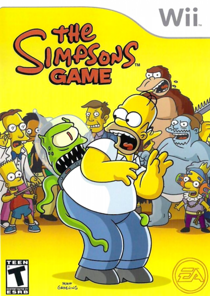The Simpsons Game cover art for Nintendo Wii (Wii) featuring comedic action‑adventure gameplay with Homer, Bart, Lisa, and Marge, parodying popular video games in Springfield