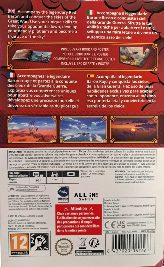 Red Wings Aces of the Sky Baron Edition PAL Import Nintendo Switch inspired design featuring World War I aerial combat action aesthetic vintage fighter aircraft dogfights arcade flight gameplay dramatic wartime missions historical aviation adventure and cinematic sky battles presentation case back