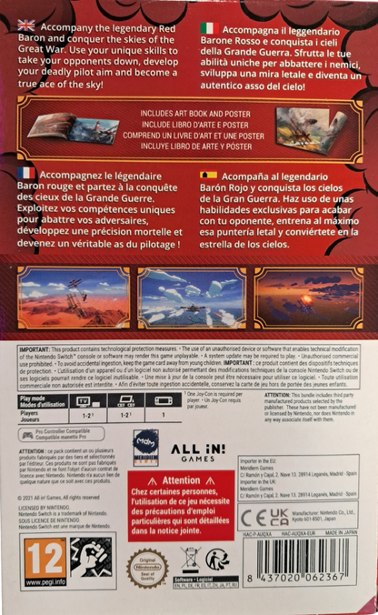 Red Wings Aces of the Sky Baron Edition PAL Import Nintendo Switch inspired design featuring World War I aerial combat action aesthetic vintage fighter aircraft dogfights arcade flight gameplay dramatic wartime missions historical aviation adventure and cinematic sky battles presentation case back