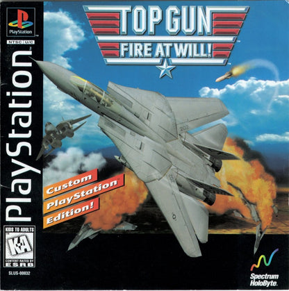 Top Gun Fire at Will game for the PlayStation featuring combat flight simulation gameplay with jet dogfights mission based objectives and cinematic action inspired by the Top Gun franchise cover art