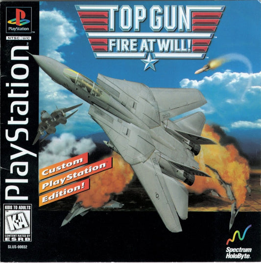 Top Gun Fire at Will game for the PlayStation featuring combat flight simulation gameplay with jet dogfights mission based objectives and cinematic action inspired by the Top Gun franchise cover art