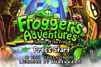Frogger’s Adventures Temple of the Frog for Game Boy Advance (GBA), title screen for a retro video game featuring action-adventure platforming gameplay, puzzle-solving challenges, fantasy environments, and classic character-based exploration