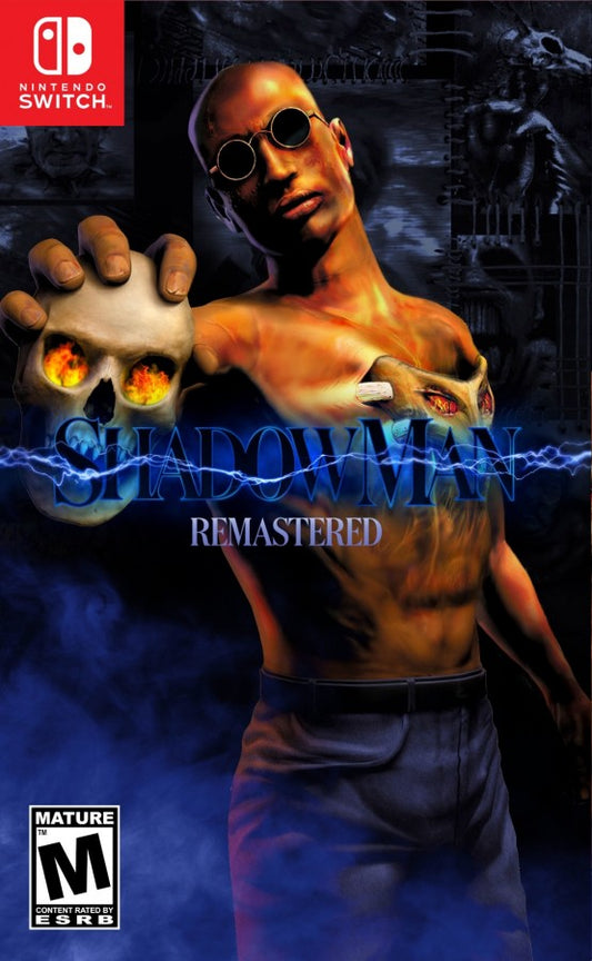 Shadow Man Remastered Nintendo Switch inspired design featuring dark supernatural action adventure aesthetic voodoo mythology inspired world eerie parallel dimensions intense combat atmospheric exploration enhanced classic gameplay presentation front cover 