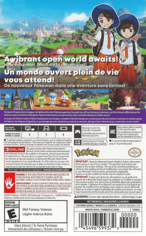 Pokemon: Scarlet back of box for Nintendo Switch (NS) video game