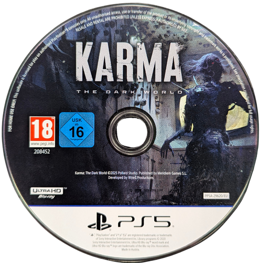 Karma: The Dark World [Limited Edition][Import] for PlayStation 5 (PS5) at Gamers INC, featuring a psychological first-person horror experience in a dystopian 1984 where you dive into the memories of suspects to uncover dark secrets and navigate a surreal, mind-bending reality within the Bureau of Thought disc