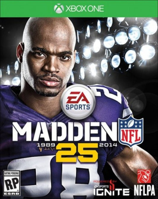 Madden NFL 25 Xbox One video game, American football sports simulation, NFL teams and players, updated gameplay and modes, console title front cover