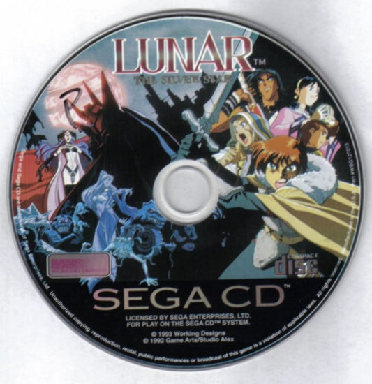 Lunar The Silver Star Sega CD JRPG role playing game anime style fantasy adventure Working Designs turn based combat story driven classic RPG cutscenes voice acting retro gaming Sega CD software video game title disc