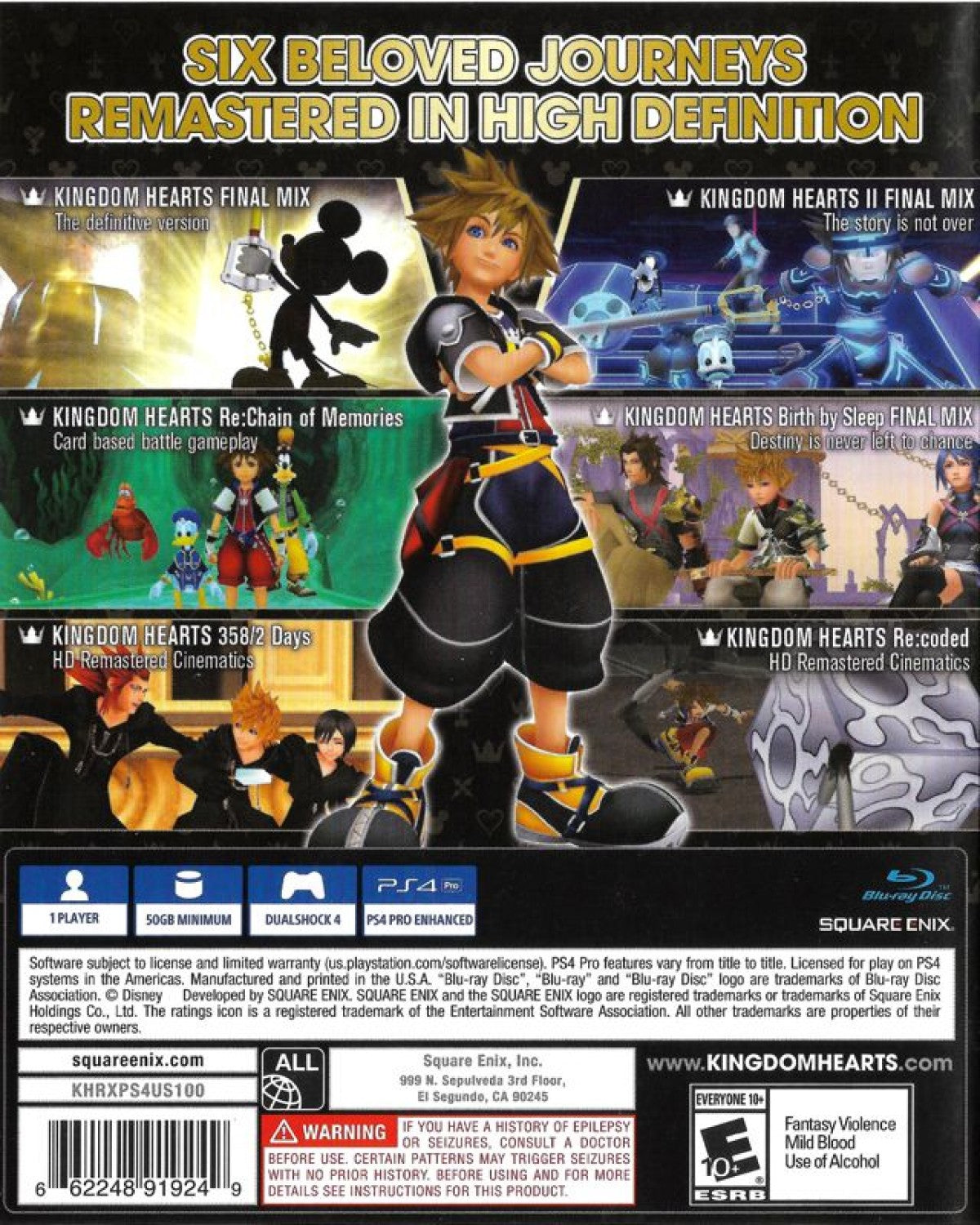 Kingdom Hearts 1.5 + 2.5 Remix for PS4 featuring a complete collection of classic action RPG adventures with updated visuals back cover art