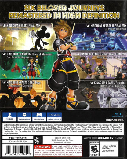 Kingdom Hearts 1.5 + 2.5 Remix for PS4 featuring a complete collection of classic action RPG adventures with updated visuals back cover art