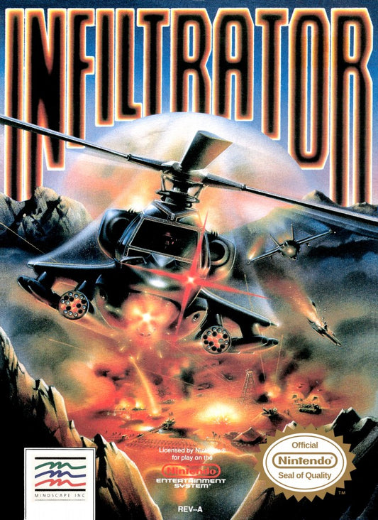 Infiltrator Complete in Box CIB Nintendo Entertainment System NES for retro video game enthusiasts featuring military action gameplay helicopter flight missions strategic infiltration on foot combat stealth objectives classic 8 bit action complete in box collectible gaming appeal front cover