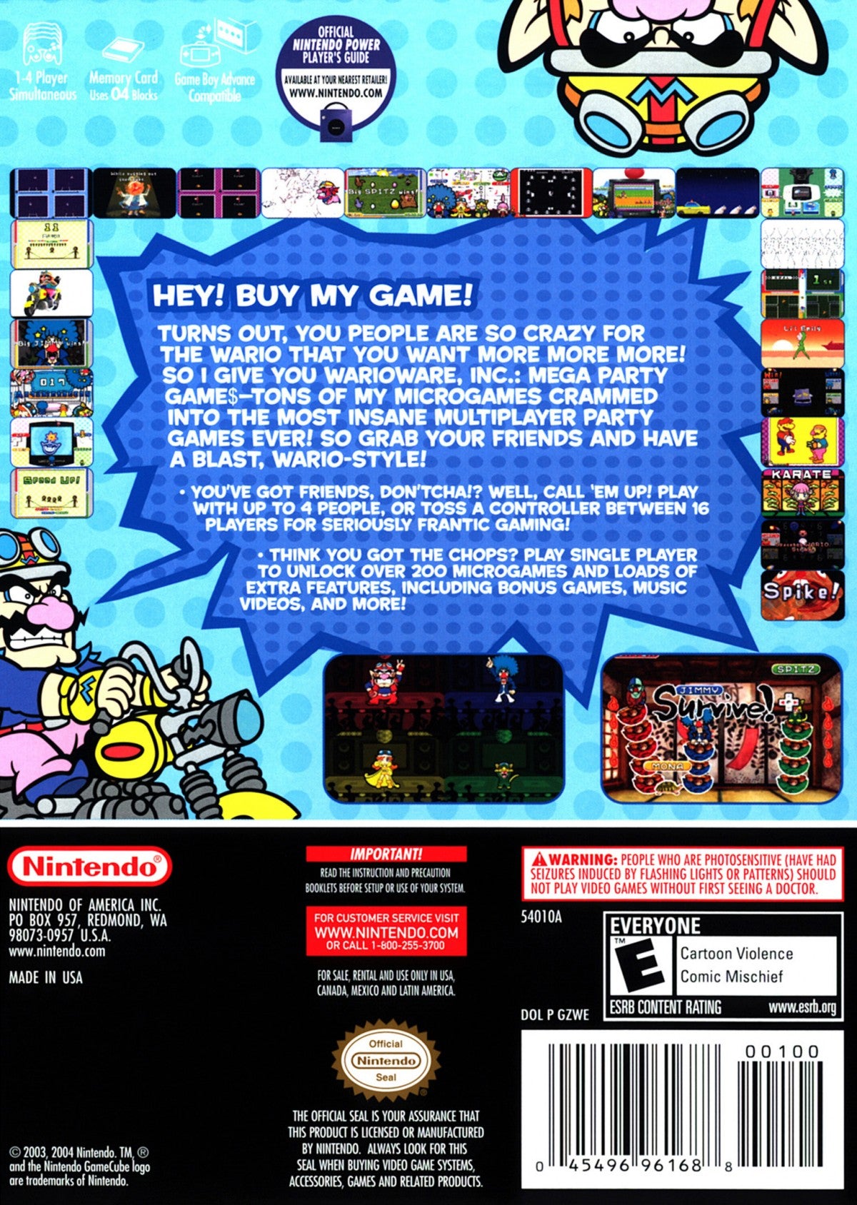 WarioWare Mega Party Games GameCube GC video game, party game, fast-paced microgames, multiplayer, family-friendly, Nintendo GameCube classic back cover art