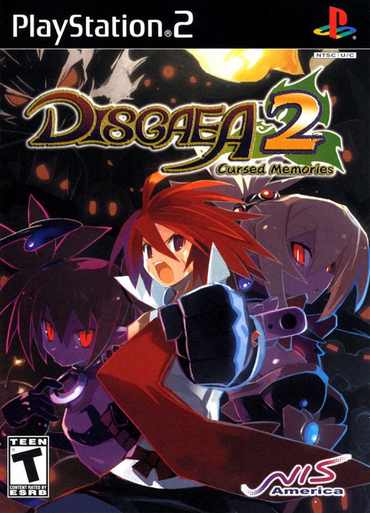 Disgaea 2 Cursed Memories game for the PlayStation 2 featuring tactical RPG gameplay with grid based battles deep character leveling humorous storylines and over the top mechanics set in the Netherworld cover art
