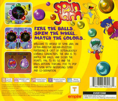 Spin Jam PlayStation 1 game featuring futuristic paddle ball sports gameplay, fast-paced arcade action, and competitive multiplayer matches back cover 