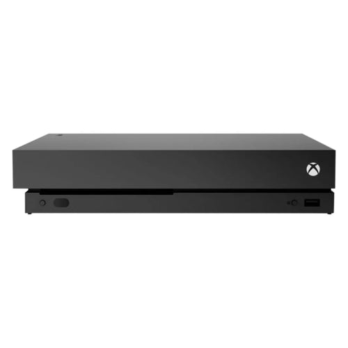 Front view of a black Xbox One X gaming console with disc drive, sleek design, and textured finish