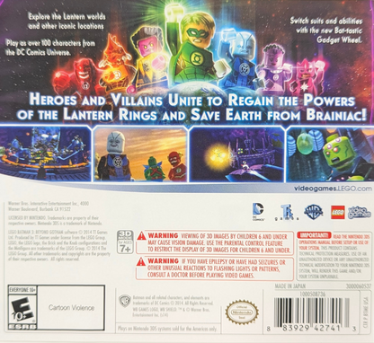 LEGO Batman 3 Beyond Gotham Nintendo 3DS handheld action-adventure game DC superheroes Lantern worlds Brainiac villain character swapping puzzle solving co-op gameplay back cover