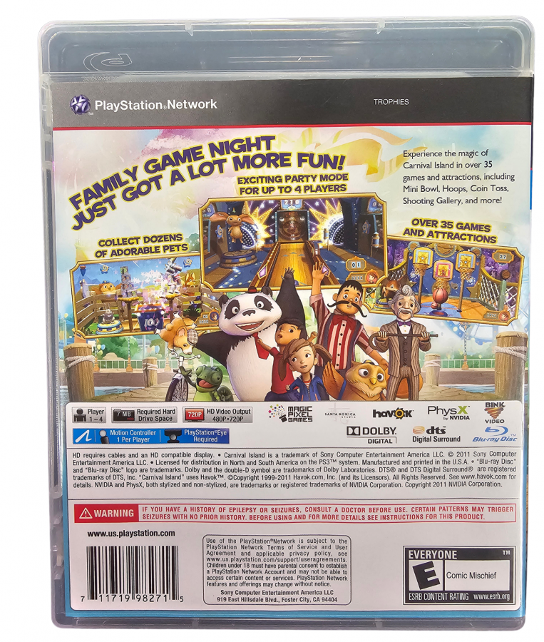 Carnival Island PlayStation 3 PS3 for family friendly party game fans featuring colorful carnival attractions arcade mini games amusement park environments fun challenges motion controlled gameplay multiplayer activities and entertaining carnival themed action collectible Sony PlayStation gaming appeal back