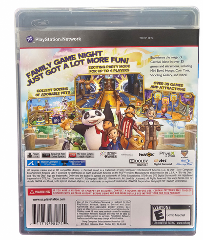 Carnival Island PlayStation 3 PS3 for family friendly party game fans featuring colorful carnival attractions arcade mini games amusement park environments fun challenges motion controlled gameplay multiplayer activities and entertaining carnival themed action collectible Sony PlayStation gaming appeal back