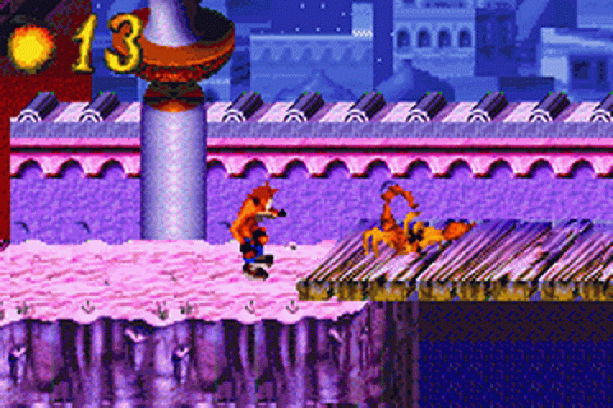 Crash Bandicoot N-Tranced game for the Game Boy Advance featuring side scrolling platformer gameplay with classic Crash mechanics including jumping spinning and crate breaking along with boss battles and levels involving mind control themed challenges gameplay