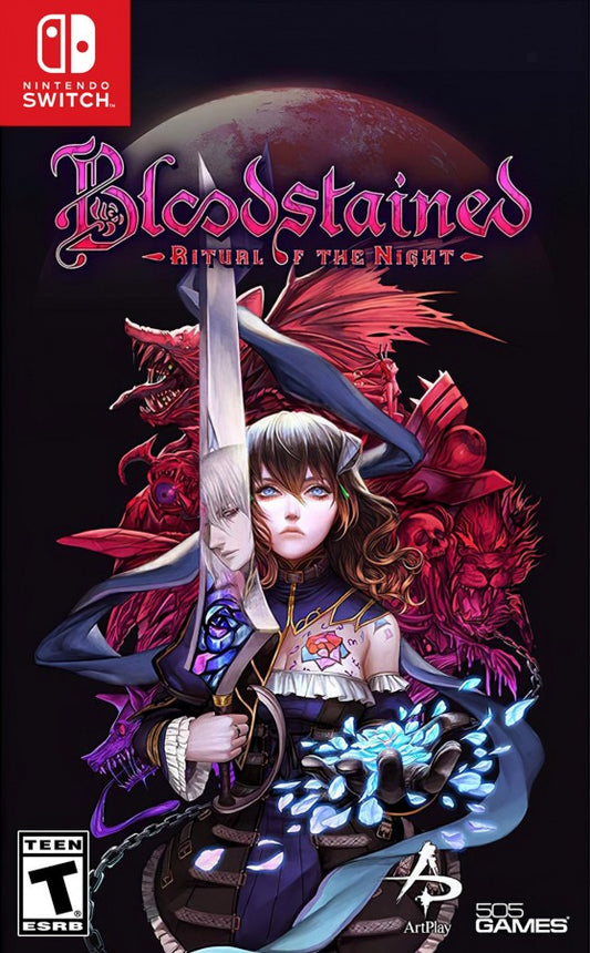 Bloodstained Ritual of the Night Nintendo Switch for action role playing video game fans featuring gothic side scrolling exploration metroidvania gameplay challenging boss battles weapon crafting character progression magical abilities dark fantasy adventure collectible gaming appeal front cover art 