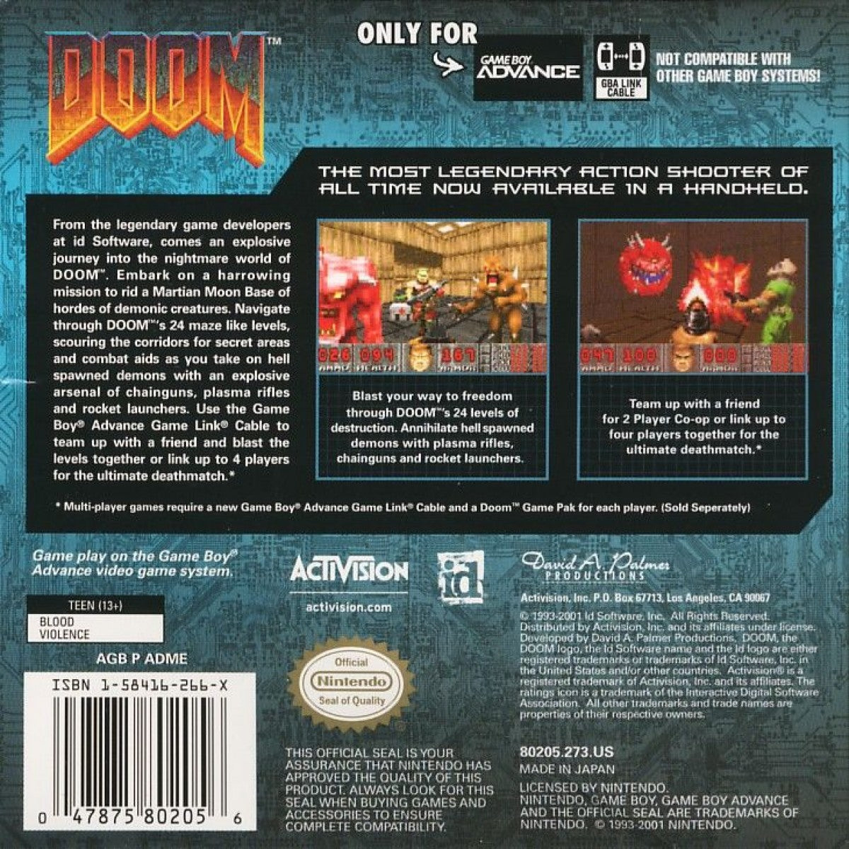 Doom for Game Boy Advance, back of case for a first-person shooter video game with fast-paced combat, demon enemies, sci-fi environments, and classic arcade-style action