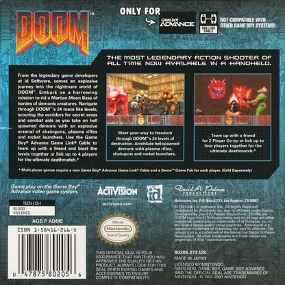 Doom for Game Boy Advance, back of case for a first-person shooter video game with fast-paced combat, demon enemies, sci-fi environments, and classic arcade-style action