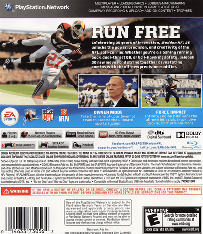 Madden NFL 25 back cover art for PlayStation 3 (PS3) video game